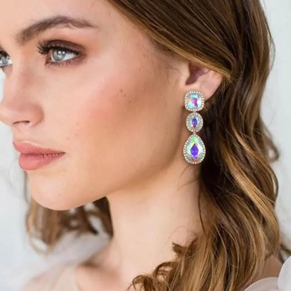 Yellow Gold and Iridescent AB Austrian Crystal Dangling Chandelier Post Earrings
